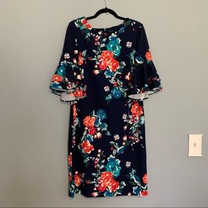 Navy floral Ronni Nicole dress with ruffle sleeves